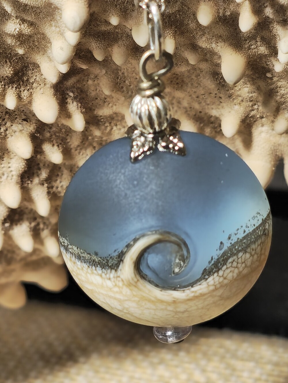 Handmade Lampwork Glass Wave Pendant Necklace Sterling Silver Italy 18"
